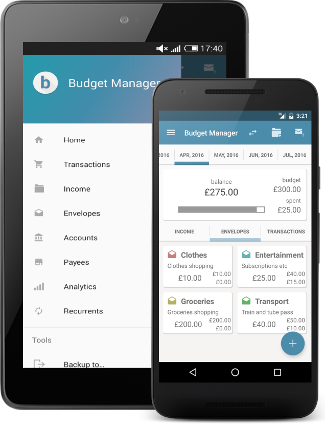 Budget Manager feature with phone and tablet displays