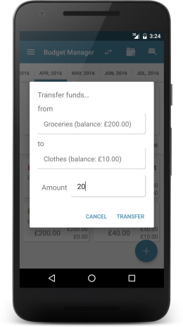 Budget Manager feature image showing the envelope-to-envelope fund transfer screen